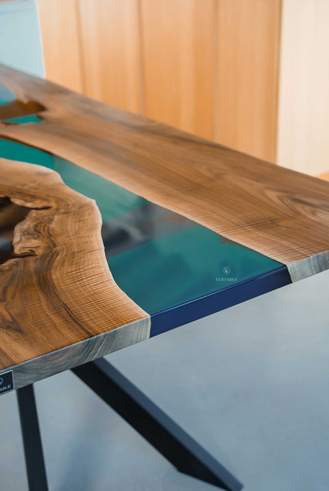 Blue-green epoxy river table in walnut wood, custom size Oceana