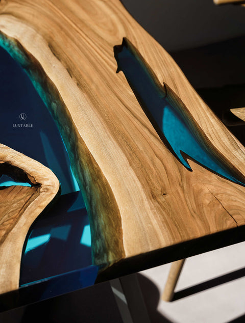 Walnut wood table with glossy blue epoxy resin, custom size Bleur