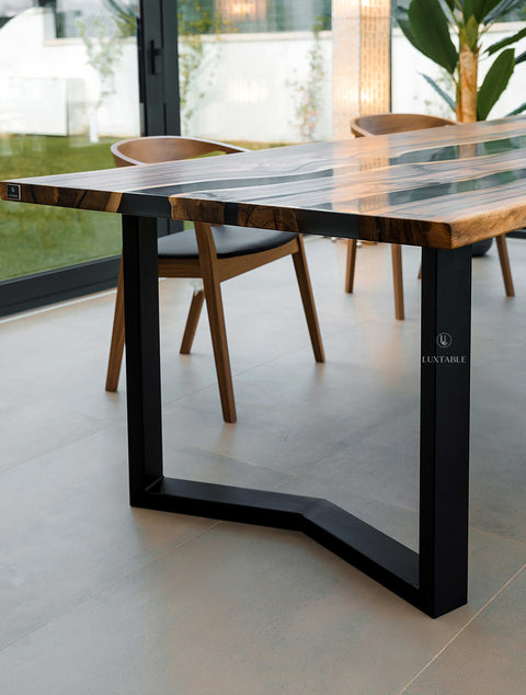 Epoxy river table in walnut and smoke gray resin, custom size Eterea