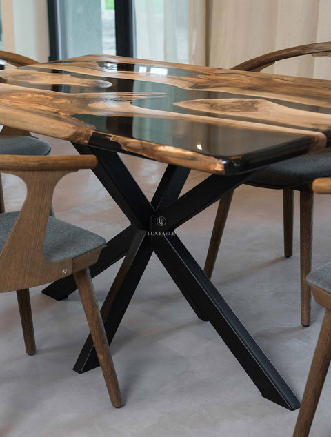 Solid walnut wood table with smoke gray epoxy resin, custom size Fiorella