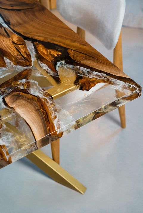 Clear and gold epoxy dining table in walnut wood, custom size Alma