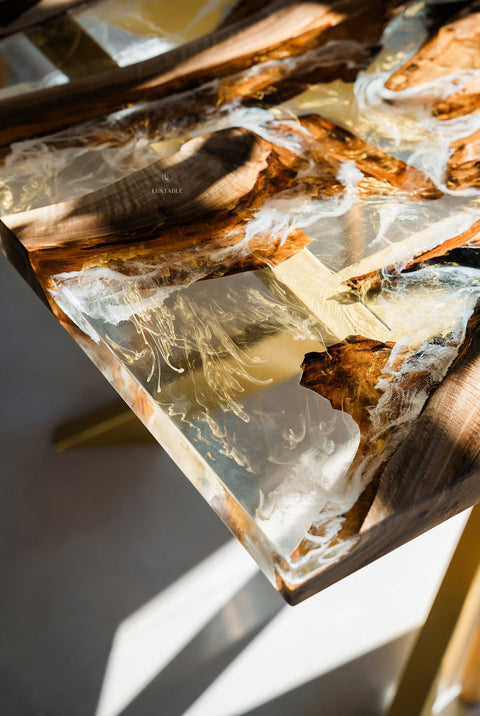 Clear and gold epoxy dining table in walnut wood, custom size Alma
