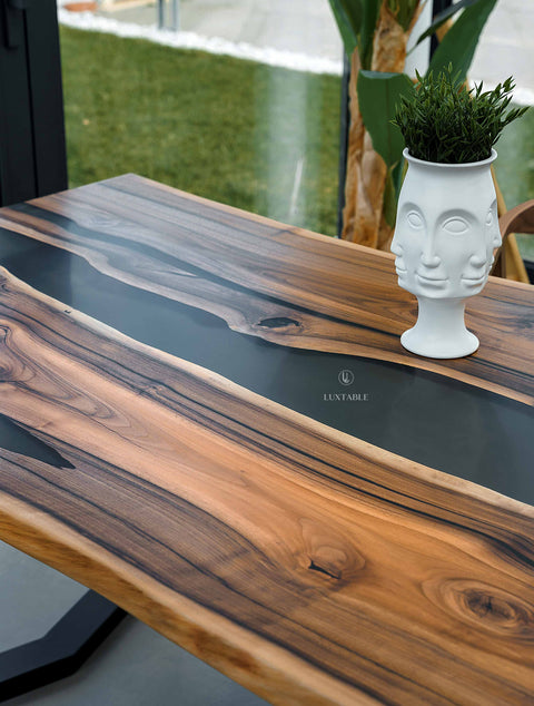 Epoxy river table in walnut and smoke gray resin, custom size Eterea