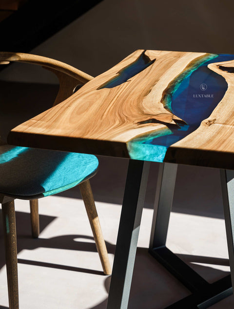 Walnut wood table with glossy blue epoxy resin, custom size Bleur