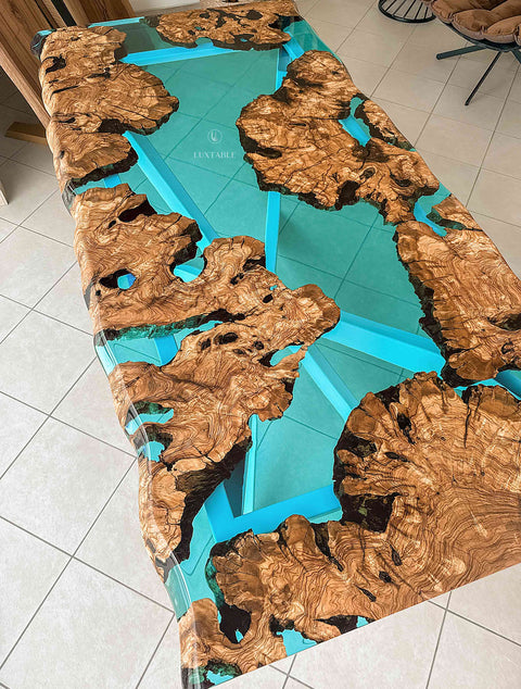 Light blue epoxy resin table in olive root, custom size Dream