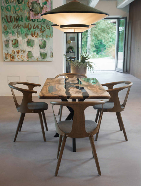 Solid walnut wood table with smoke gray epoxy resin, custom size Fiorella