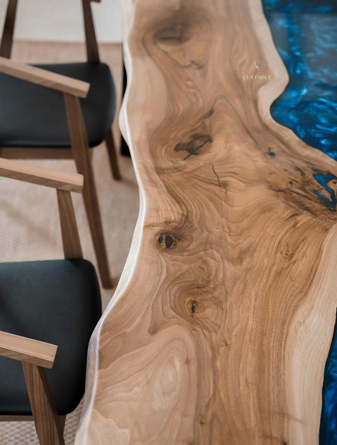 Blue resin dining table in walnut wood, custom size Pacific