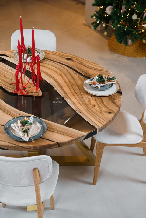 Round epoxy resin table in European walnut custom size Majesty