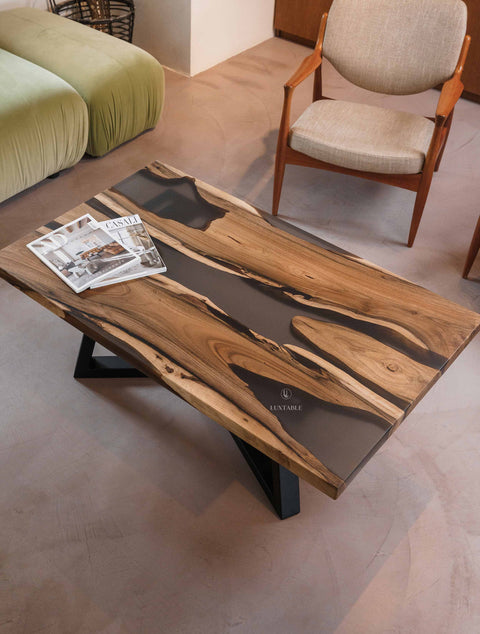 Epoxy table with smoke gray resin and walnut wood, various sizes Astral