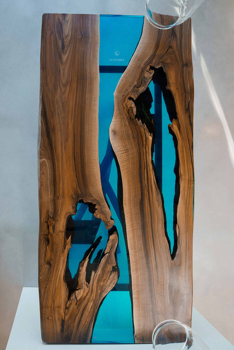 Blue-green epoxy river table in walnut wood, custom size Oceana