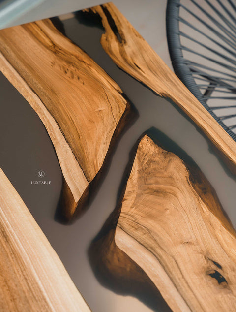 Custom walnut wood and smoke gray resin coffee table, various sizes Monet