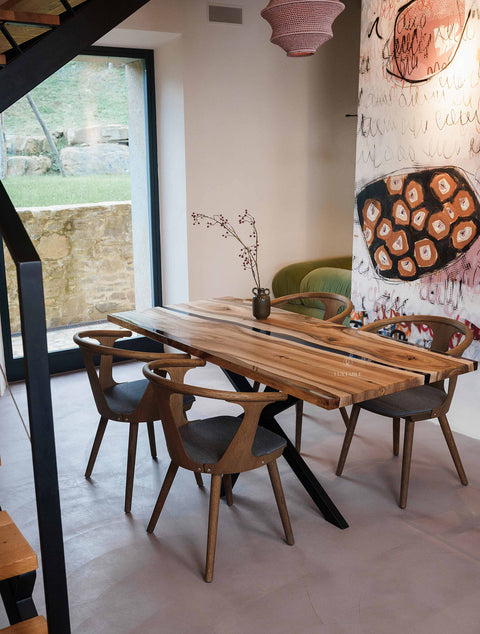 Blue and clear epoxy table in European walnut, custom size Stream