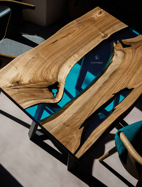 Walnut wood table with glossy blue epoxy resin, custom size Bleur