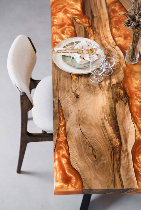 Solid walnut resin table with orange epoxy, custom size Celine