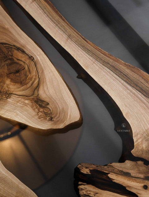 Solid walnut wood table with smoke gray epoxy resin, custom size Fiorella