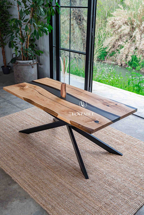 Oak resin table with smoke gray epoxy, custom size Frida