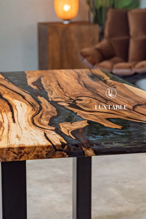 Walnut wood table with blu and gold resin, various sizes Maleficenta