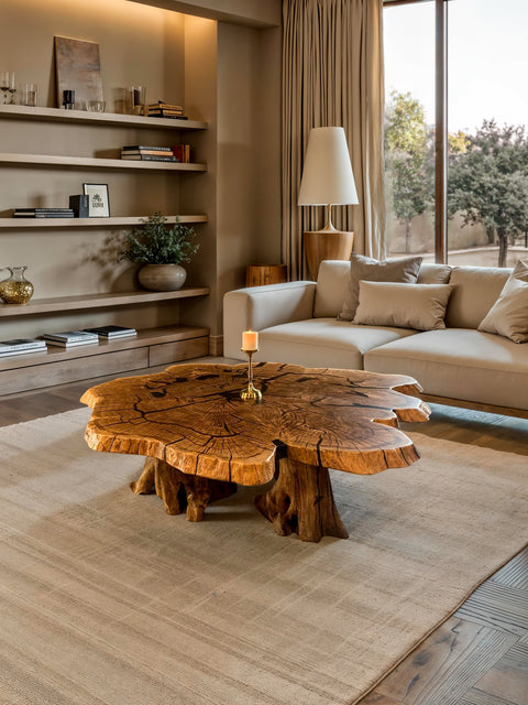 Organic coffee table from oak roots with smoky matte resin Vista