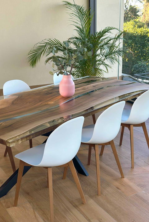 Clear and blue epoxy river table in walnut wood, custom size Armonia