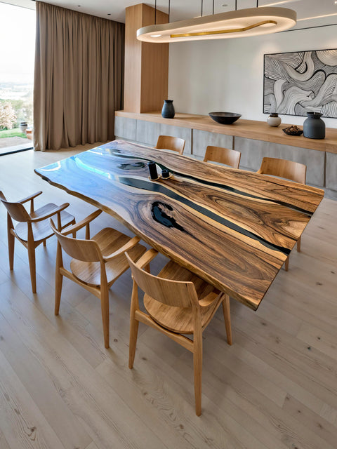 Epoxy table in solid walnut with two smoky matte resin rivers Sereno