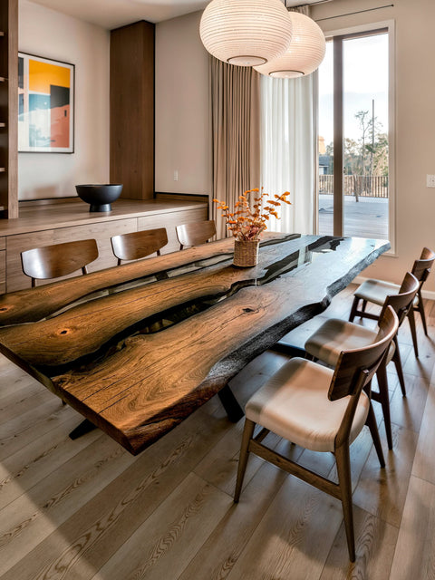 Ancient bog oak table with transparent glossy epoxy resin Echo