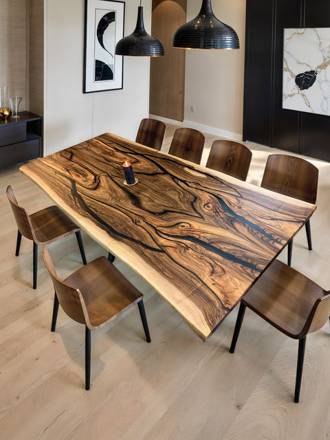 Dining table of solid walnut with grey epoxy resin Maestoso