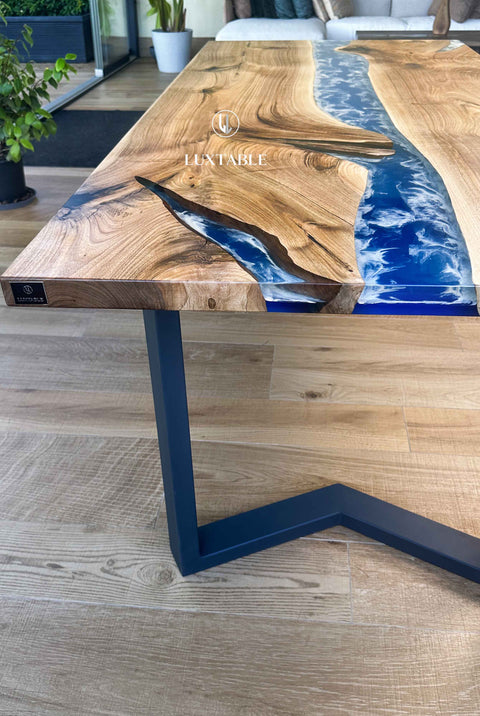 Blue and white epoxy table in walnut wood, various sizes Talasso