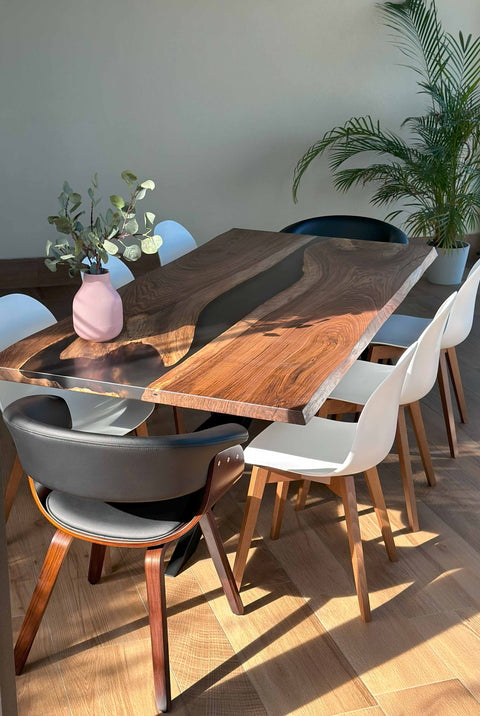 Smoke gray epoxy resin table in walnut wood, custom size Romano