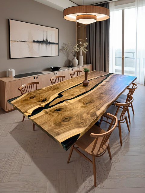 Epoxy table in solid walnut with smoky resin and live edge Island