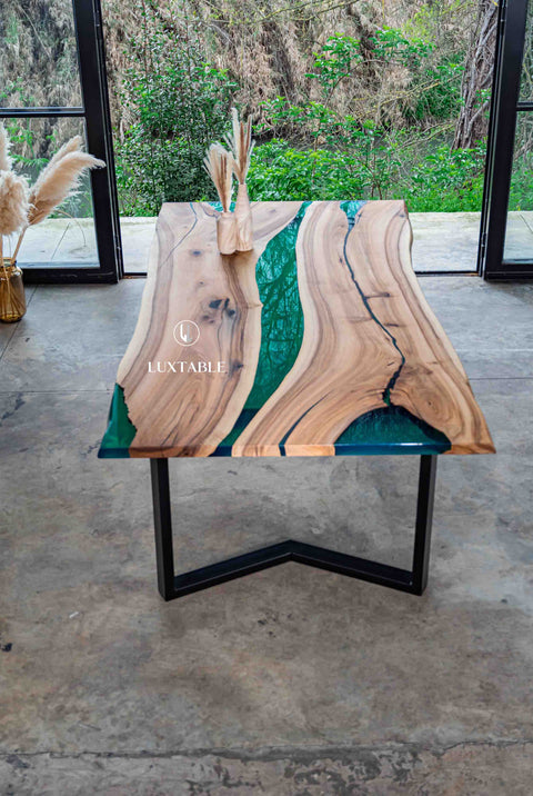 Green epoxy resin table in European walnut wood, custom size Greenland