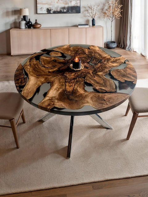 Round dining table from walnut root with smoky matte resin Amara