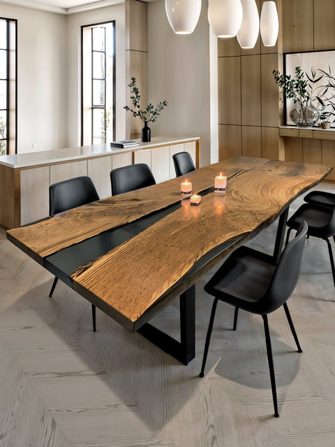 Epoxy table of solid oak and grey matte resin Velvet
