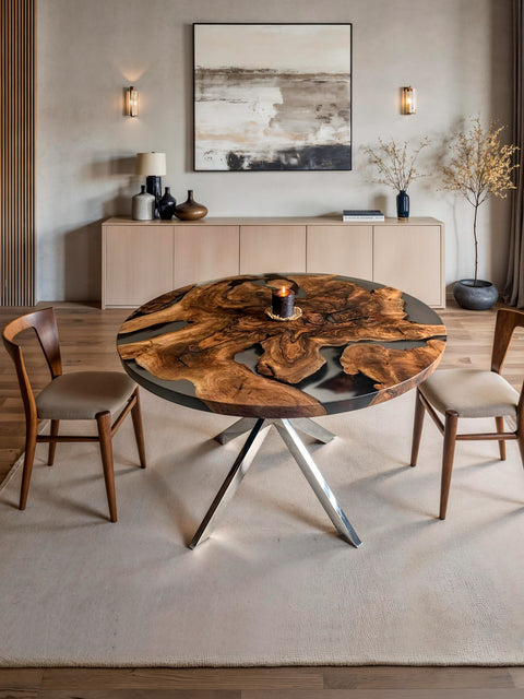 Round dining table from walnut root with smoky matte resin Amara