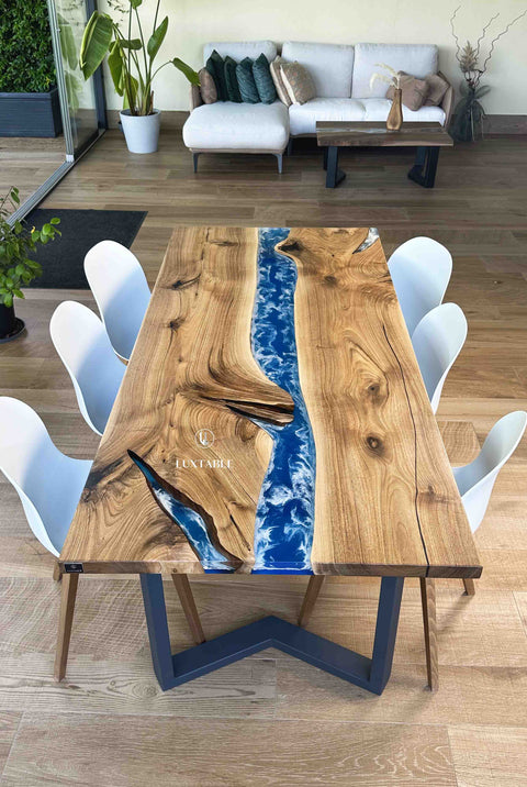 Blue and white epoxy table in walnut wood, various sizes Talasso