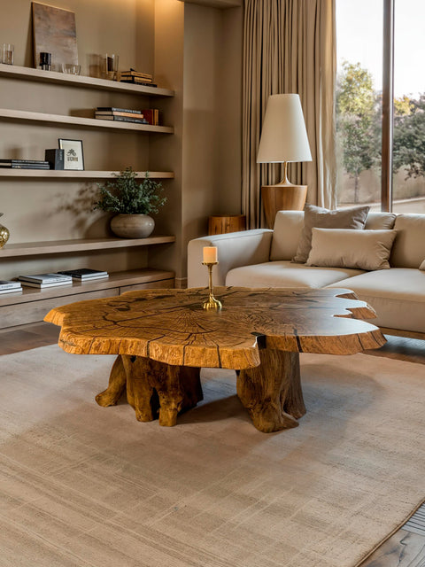 Organic coffee table from oak roots with smoky matte resin Vista