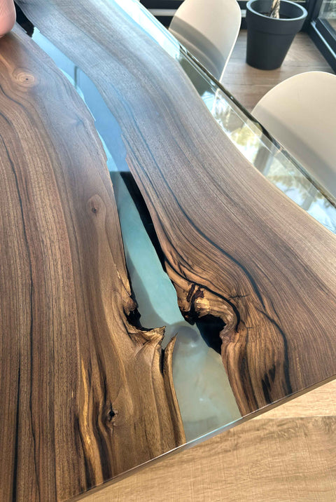 Clear and blue epoxy river table in walnut wood, custom size Armonia