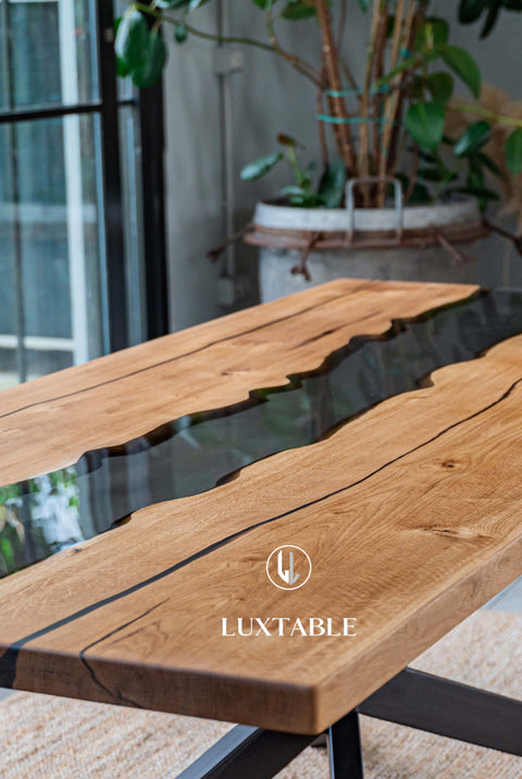 Oak resin table with smoke gray epoxy, custom size Frida