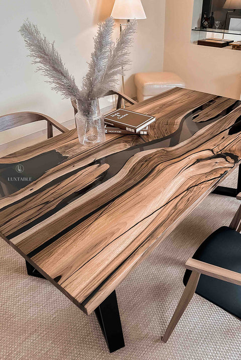 Solid walnut wood table with smoke gray epoxy, cusom size Nairobi