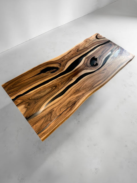 Epoxy table in solid walnut with two smoky matte resin rivers Sereno