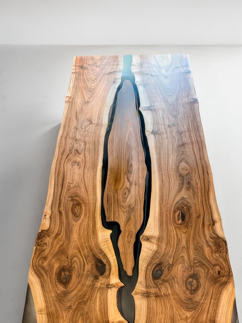 Epoxy table in solid walnut with smoky resin and live edge Island