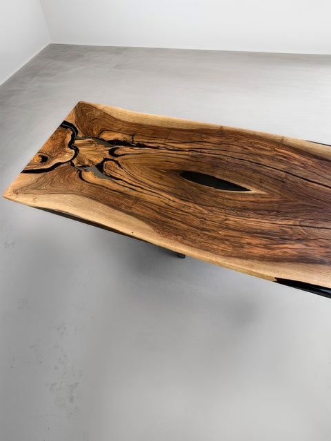 Solid wood table in walnut with smoke matte epoxy Resonance