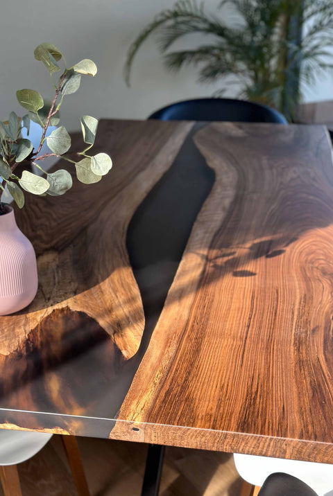 Smoke gray epoxy resin table in walnut wood, custom size Romano