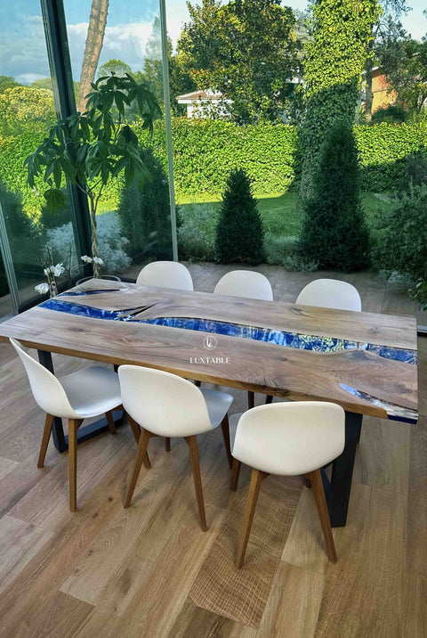 Blue and white epoxy table in walnut wood, various sizes Talasso