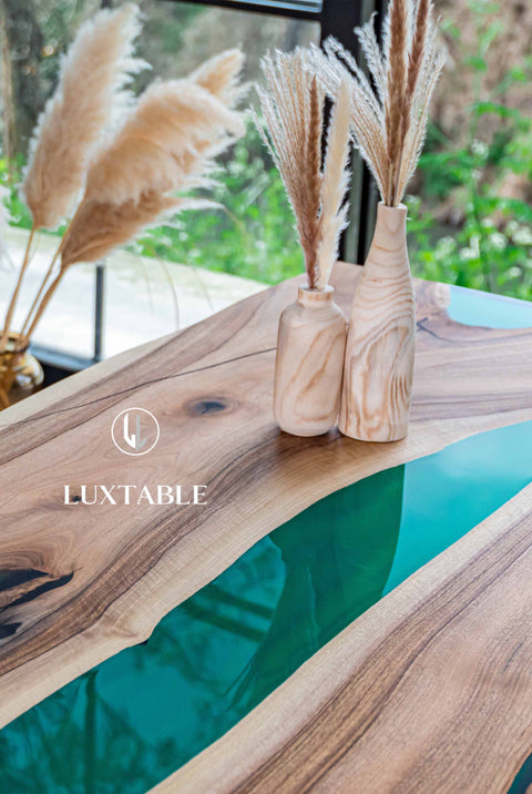 Green epoxy resin table in European walnut wood, custom size Greenland