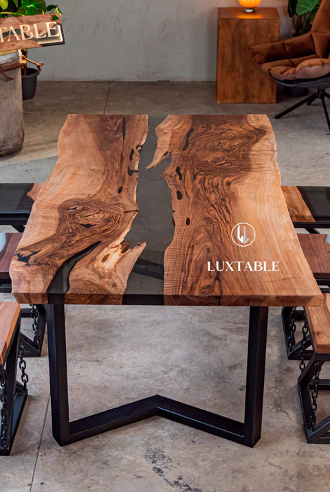Smoke gray resin table in European walnut, custom size Felino
