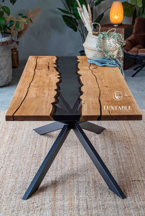 Oak resin table with smoke gray epoxy, custom size Frida