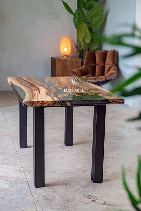 Walnut wood table with blu and gold resin, various sizes Maleficenta