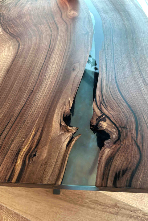 Clear and blue epoxy river table in walnut wood, custom size Armonia