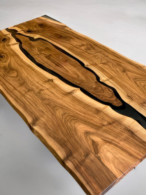 Epoxy table in solid walnut with smoky resin and live edge Island