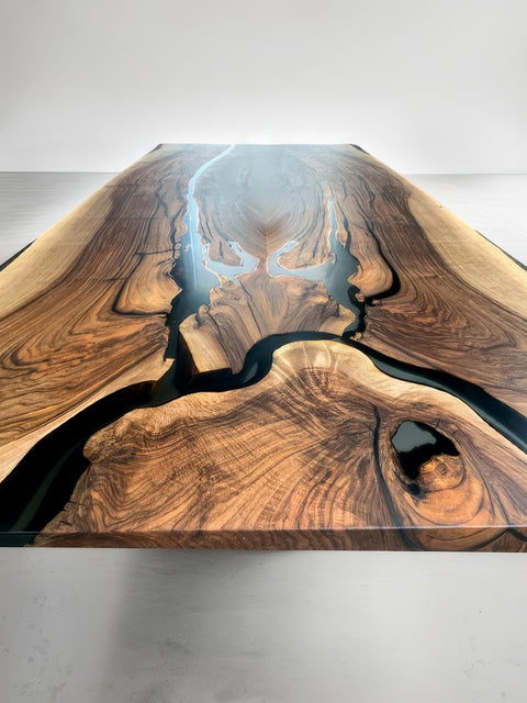 Solid wood table in walnut with smoke matte epoxy Resonance